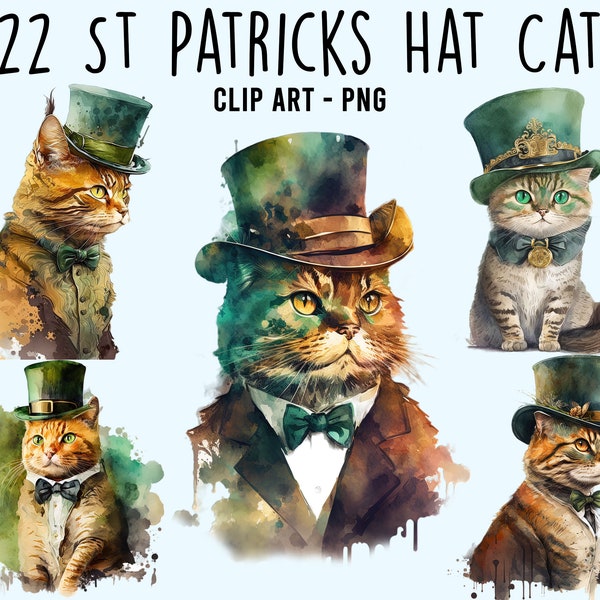 Watercolor St Patrick's Hat Cat Hat Clipart - Kitten Funny Grumpy Cat Digital Art for Card Making, Scrapbook, Junk Journal, Paper Crafts