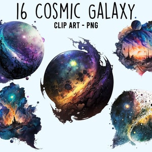 May include: Five watercolor galaxy illustrations with swirling colors of purple, blue, orange, and yellow. Each illustration features a different galaxy scene with stars, planets, and nebulae.
