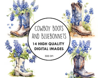 May include: Digital illustrations of cowboy boots with bluebonnet flowers. The boots are brown leather with blue and white floral designs. The flowers are blue and purple with green stems and leaves. The text "Cowboy Boots and Bluebonnets 14 High Quality Digital Images 300 DPI" is displayed in the centre of the image.