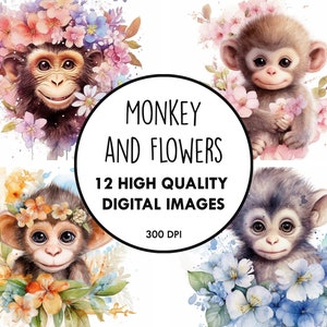 Monkey and Flowers Watercolor - 12 High Quality JPGs - Digital Download - Floral Wildflower Clip Art Paper Craft Printable