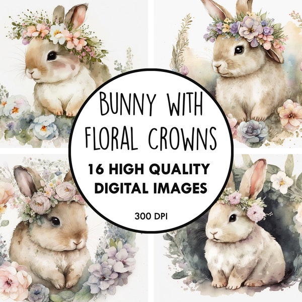 Cute Bunny Flower Crown Watercolor - 16 High Quality JPGs - Digital Download - Easter Rabbit Floral Clip Art Digital Paper Craft Printable