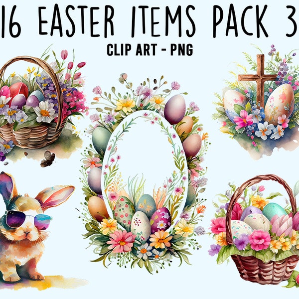 Watercolor Easter Clipart Pack 2 - Floral and Decorative Eggs Pastel Easter Bunnies PNG Digital Image Cute Easter Wreath Religious Tulips