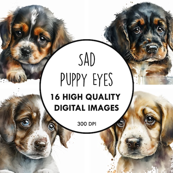 Sad Puppy Eyes Watercolor - 16 High Quality JPGs - Digital Download - Cute Dog Pup Prints Clip Art Digital Paper Craft Printable