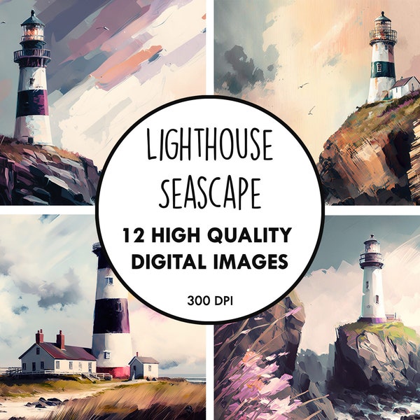 Lighthouse Seascape Oil Painting - 14 High Quality JPGs - Digital Download - Lighthouse Beach Ocean Art Nursery Decor Clip Art