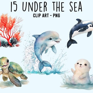 Aquarell unter dem Meer Clipart - Fisch, Meerestier, Delfin niedlich entzückend digitale Kunst Kartenherstellung, gemischte Medien, digitales Papier Handwerk