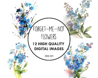 May include: Watercolor digital images of forget-me-not flowers in shades of blue, purple, and green. The image includes the text "FORGET-ME-NOT FLOWERS" and "12 HIGH QUALITY DIGITAL IMAGES".