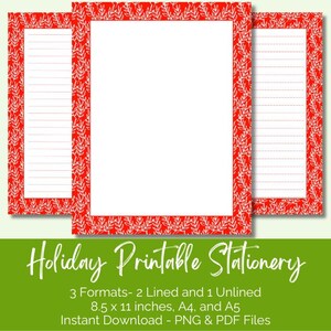 Elevate Your Holiday Correspondence with Festive Writing Paper - Red with White Leaves - A5, A4 and 8.5 x 11 - Printable and Lined & Unlined