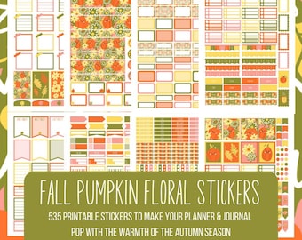 Puede incluir: Un conjunto de 535 pegatinas imprimibles de temática otoñal con calabazas, flores y hojas en tonos naranja, amarillo, verde y rosa. Las pegatinas están diseñadas para su uso en planificadores y diarios. El texto "FALL PUMPKIN FLORAL STICKERS" y "535 PRINTABLE STICKERS TO MAKE YOUR PLANNER & JOURNAL POP WITH THE WARMTH OF THE AUTUMN SEASON" está incluido en la imagen.