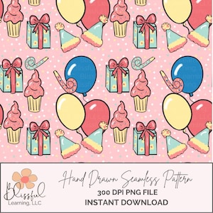 Pink Birthday Seamless Pattern, Hand Drawn Digital Paper, 300 DPI Party Printable, Celebration Digital Pattern for Kids, Happy Birthday PNG