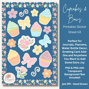 Hoja de pegatinas imprimibles de cupcakes y lazos, pegatinas para fiestas, regalos, diarios y agendas. Hoja de pegatinas caprichosas PNG, 300 DPI.