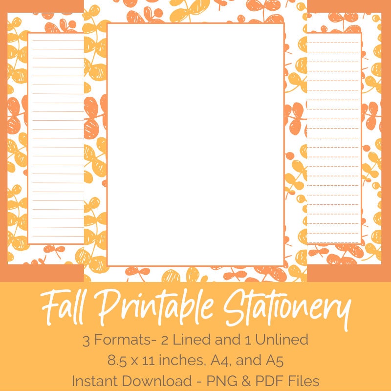 Fall Foliage Lined and Unlined Printable Writing Paper, Autumn Orange ...
