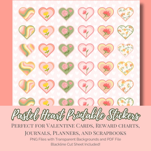 Small Heart Stickers for Planners, Journals, Scrapbooks, Gift Tags, and Cards, Multipurpose Stickers, Pastel Floral Design, Printable