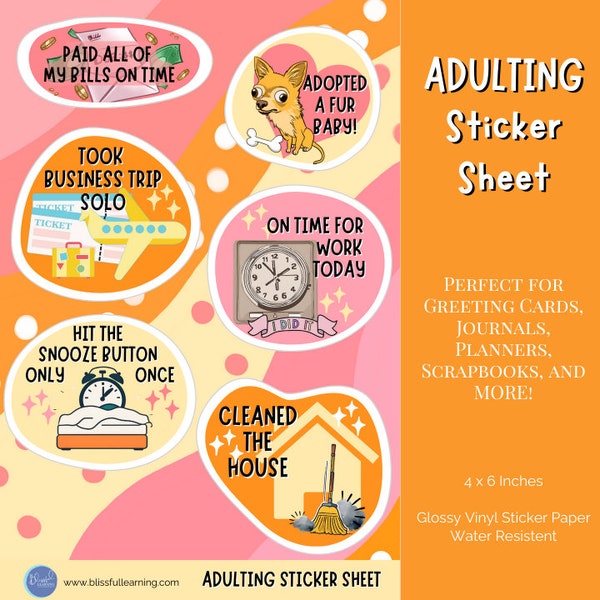 Funny Adulting Stickers -4x6 Sticker Sheet with Glossy Water Resistant Vinyl Stickers-Great Graduation or Birthday Gift- Celebrate Adulting