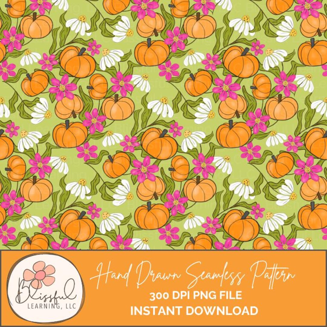 Pumpkin Floral Seamless Pattern: Fall Autumn Digital Paper (12x12 PNG ...