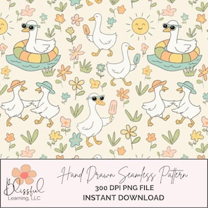 Silly Goose Seamless Pattern, Handdrawn Whimsical Goose Digital Paper, Cute Duck Design Coquette Pattern, Duck Goose Summer Seamless PNG