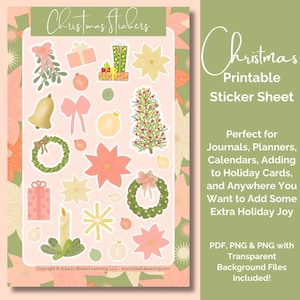 Coquette Pink Christmas Sticker Sheet, Add to Greeting Cards, Planners, Scrapbooks and More, Pretty Printable Holiday Sticker Sheet PNG