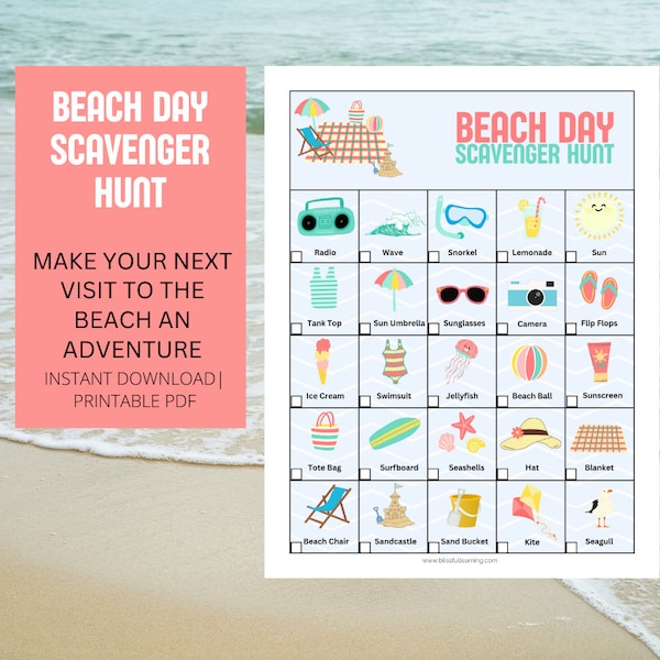 Beach Day Scavenger Hunt Game for Kids Printable, Family Seashore Scavenger Hunt Activity,  Summer Vacation Game for Kids at the Beach