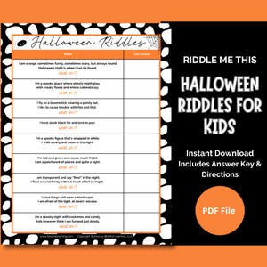 Puede incluir: Una hoja de trabajo de acertijos de Halloween imprimible para niños con un diseño de telaraña en blanco y negro. La hoja de trabajo incluye 10 acertijos de Halloween con un espacio para la respuesta. El título de la hoja de trabajo es "Halloween Riddles".