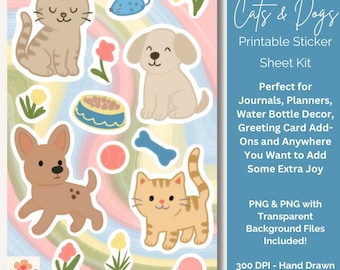 Cute Cats and Dogs Sticker Sheet, Whimsical Pet Stickers (PNG)