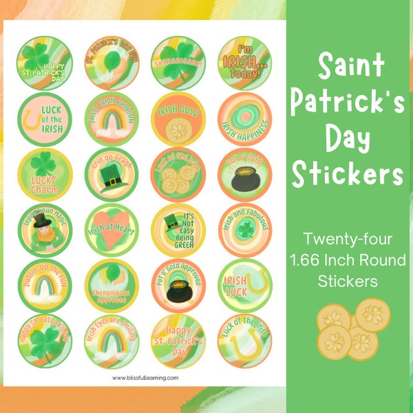 Celebrate St Patrick's Day with Printable Stickers - Perfect for Parties, Journals, and Scrapbooking - 24 Round Stickers, Fun Teacher Gifts
