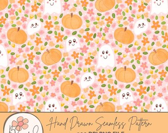 May include: A seamless pattern featuring pumpkins, ghosts, and flowers in shades of orange, white, and pink. The design includes smiling ghosts, orange pumpkins, and orange and pink flowers on a light pink background. The words "Hand Drawn Seamless Pattern" are also included.