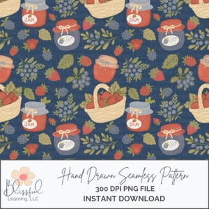 May include: Seamless pattern featuring jars of jam, baskets of strawberries, and blueberries on a navy blue background. The design includes green leaves and red strawberries. The text "JAM" is visible on the jars. The pattern is labeled as a "Hand Drawn Seamless Pattern".