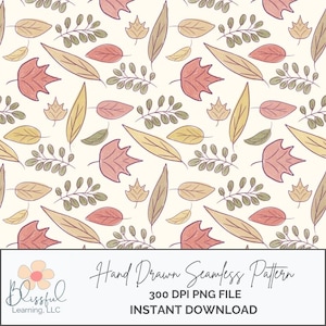 Whimsical Watercolor Autumn Leaves Seamless Pattern, Fall Foliage Digital Paper, Dancing Leaves Seamless PNG, Hand-Drawn Leaf Painted Design