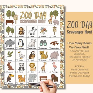 Zoo Day Scavenger Hunt for Kids Printable, Family Fun Game for a Day at the Zoo, Animal Scavenger Hunt, Zoo Walking Activity to See Animals