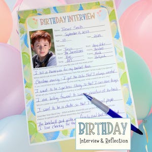 Birthday Interview Printable for Kids: Watercolor Hearts and Balloons Keepsake (8.5 x 11 inches PDF File Digital Download)