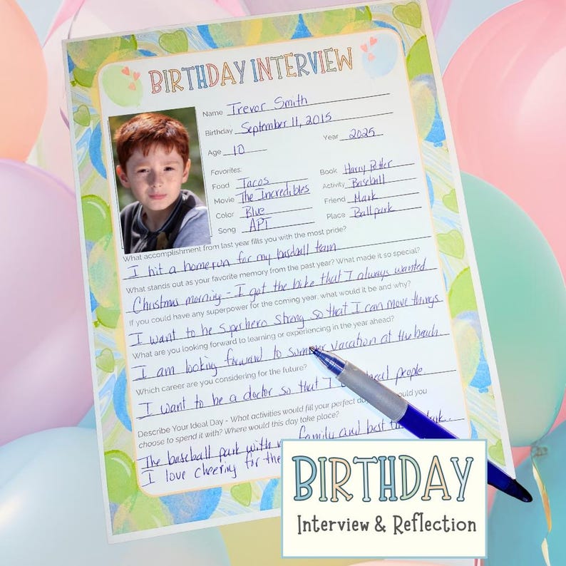Kids Birthday Interview Printable: Watercolor Hearts & Balloons (PDF ...
