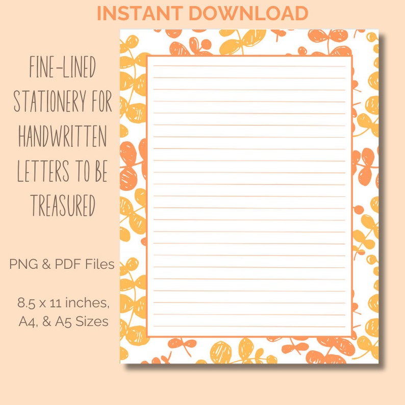 Fall Foliage Lined and Unlined Printable Writing Paper, Autumn Orange ...