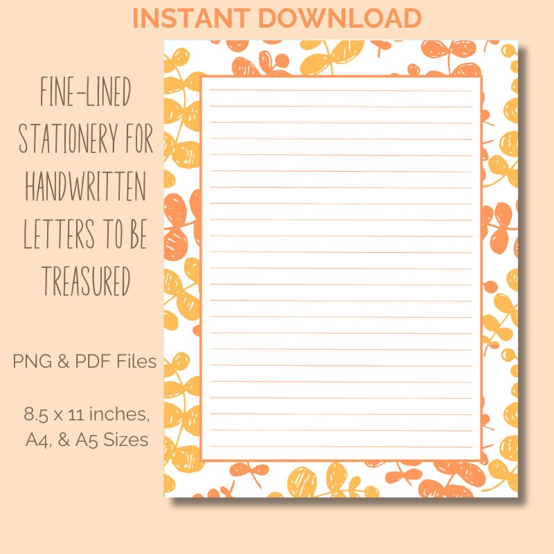 Fall Foliage Lined and Unlined Printable Writing Paper, Autumn Orange ...