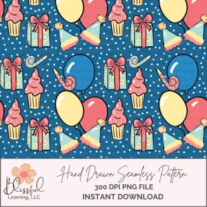 Blue Birthday Seamless Pattern, Hand Drawn Digital Paper, 300 DPI Party Printable, Celebration Digital Pattern for Kids, Happy Birthday PNG