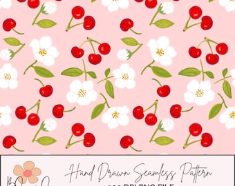 Coquette Cherry Seamless Pattern: Pink Floral Digital Paper (PNG File)