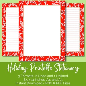 Holiday Printable Writing Paper Bundle - A4, A5, 8.5 x 11 - Lined and Unlined - Reusable Year After Year- Festive Stationery in Red & White
