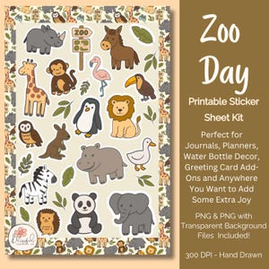 Whimsical Zoo Day Printable Sticker Sheet for Parties, Gifting, and Journals, Cute Cartoon Hand-Drawn Zoo Animals Stickersheet PNG, Safari