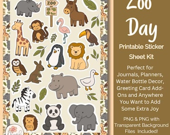 Zoo Animals Sticker Sheet: Hand-Drawn Cartoon Stickers (Printable PNG Files)