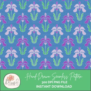 Könnte beinhalten: Handgezeichnetes nahtloses Muster mit stilisierten lila und weißen Blumen auf blauem Hintergrund. Das Design enthält den Text "Hand-Drawn Seamless Pattern" und "300 DPI PNG File INSTANT DOWNLOAD".