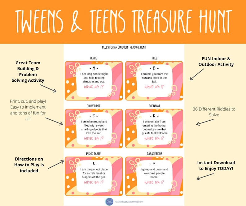 Indoor and Outdoor Treasure Hunt Printable Game for Tweens and Teens - 36 Riddles and ...