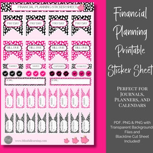 Financial Planning Printable Sticker Sheet - Track Your Finances & Achieve Goals - 43 Colorful Stickers - Pink and Black - PDF/PNG Formats