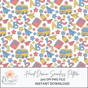 May include: A repeating pattern with school-related illustrations. The design includes yellow school buses, ABC letters, numbers, stars, flowers, paper aeroplanes, pencils, and notebooks on a white background. The bottom of the image includes the text "Hand Drawn Seamless Pattern".