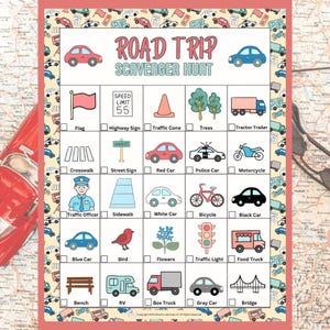 Road Trip Scavenger Hunt Printable Travel Game for Kids, Family Car Ride Activity, Kid Travel Game, Hand-Drawn Design, Instant Download PDF