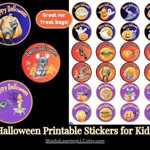 Cute Halloween Printable Stickers for Kids, Halloween Treat Bag Stickers, Fun 1.66 inch Round Halloween Sticker Labels, Teacher Stickers