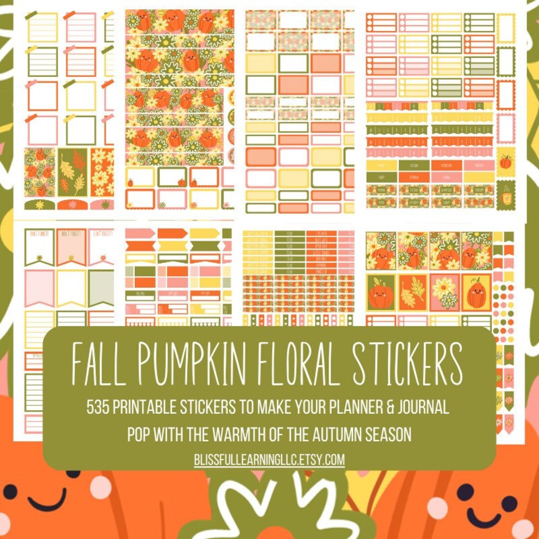 Pumpkin and Fall Floral Printable Sticker Set for Planners and Journals ...