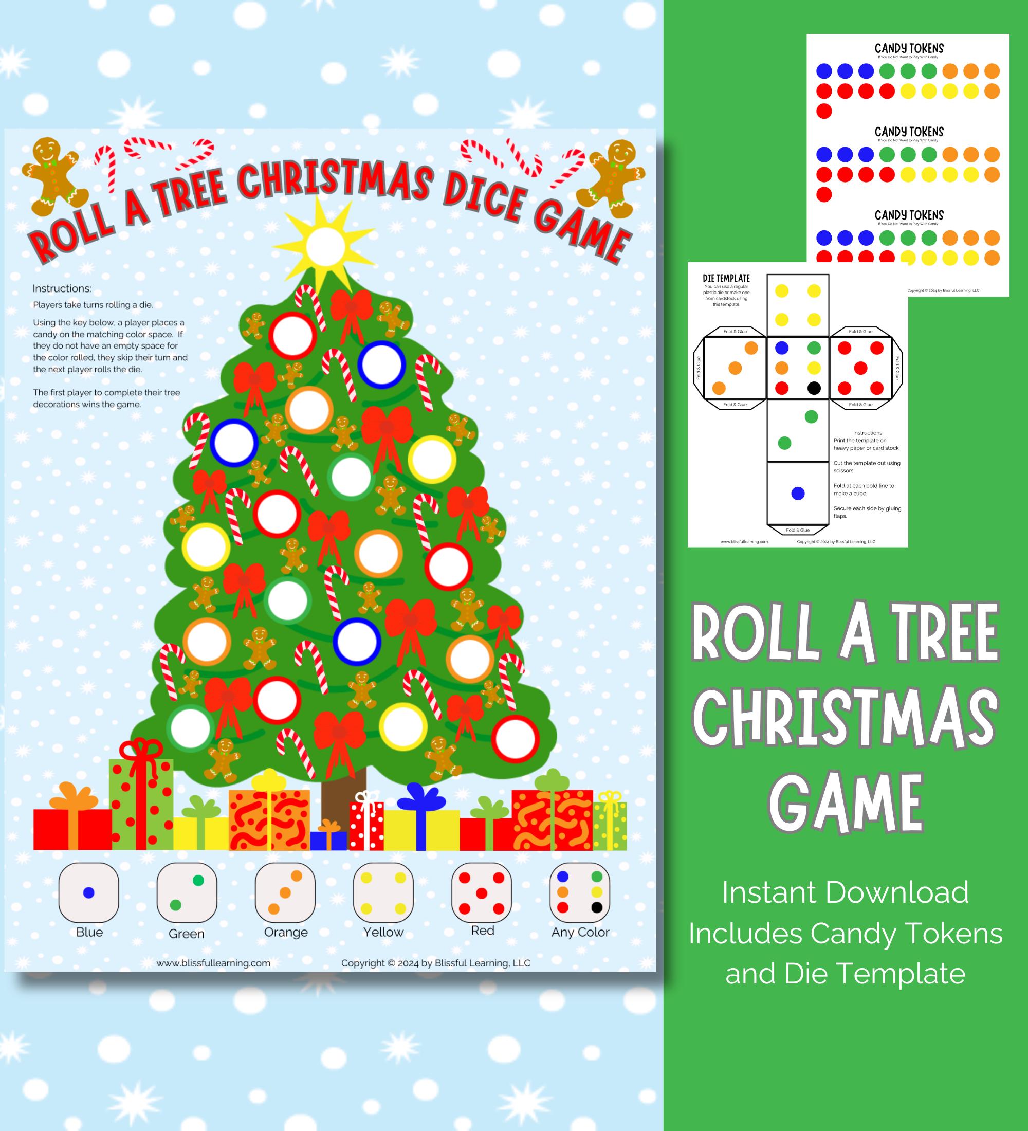 roll a tree christmas game: printable holiday dice game (instant