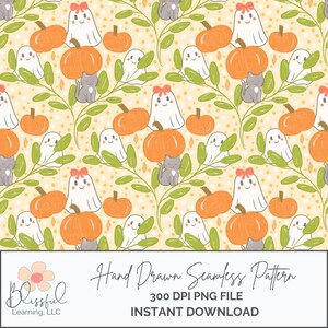 May include: A seamless pattern featuring orange pumpkins, smiling white ghosts with red bows, and gray cats on a light yellow background with green leaves. The text "Hand Drawn Seamless Pattern" is displayed.
