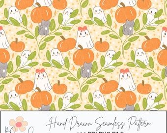 Könnte beinhalten: Ein nahtloses Muster mit orangefarbenen Kürbissen, lächelnden weißen Geistern mit roten Schleifen und grauen Katzen auf einem hellgelben Hintergrund mit grünen Blättern. Der Text "Hand Drawn Seamless Pattern" wird angezeigt.