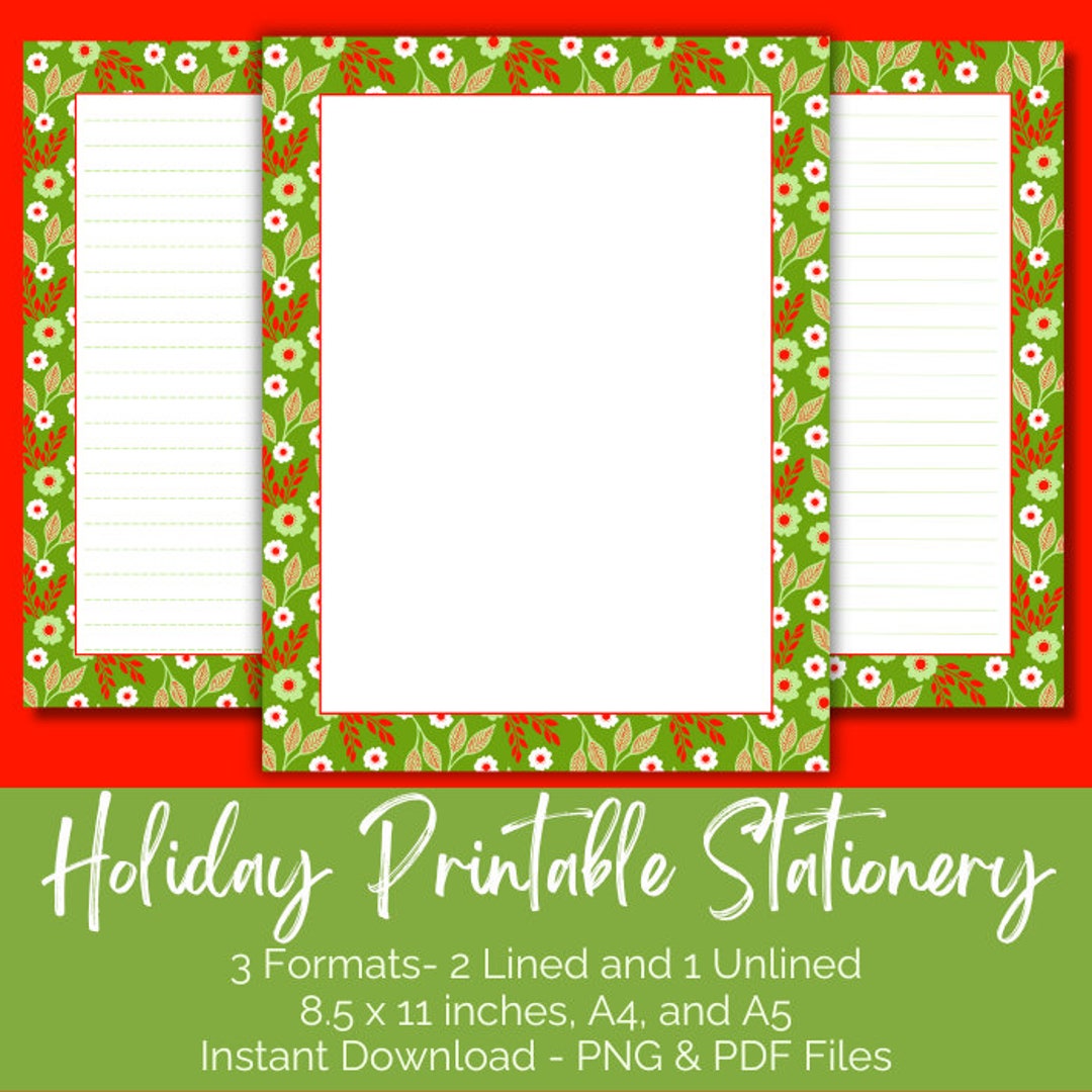Festive Holiday Floral Stationery: Green & Red Printable Writing Paper ...