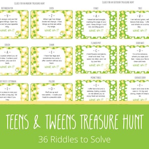 Indoor and Outdoor Treasure Hunt for Teens and Tweens -Rhyming Riddles - Secret Message Cards - Perfect Printable for Parties and Playdates