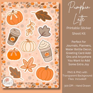 Afdrukbaar stickervel Pumpkin Spice Latte voor feestjes, cadeaus en tijdschriften, gezellige handgetekende koffiestrikken, bladeren en pompoenen stickervel